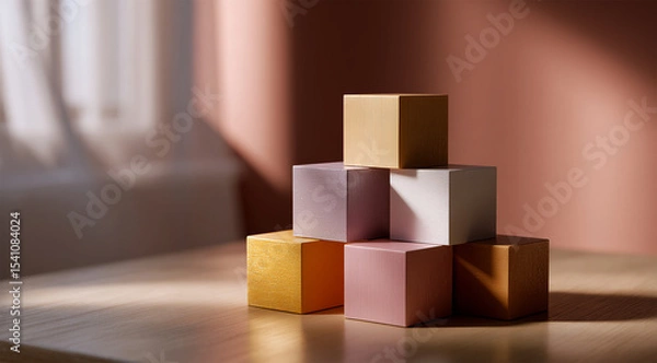 Fototapeta A pyramid of pastel colored cubes stacked on a reflective surface with a soft light backdrop