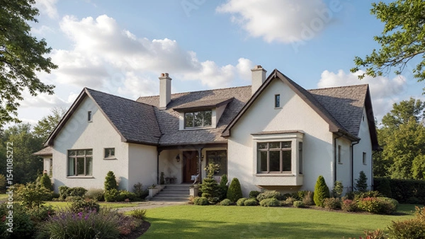 Fototapeta A white cottage in a forest clearing. With a gray roof. A sky with clouds. AI generation.