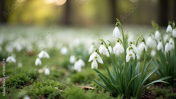 Fototapeta Forest snowdrops on a blurred forest background. Primroses, spring flowers. Galanthus nivalis. AI generation.