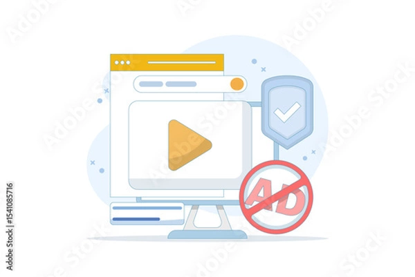 Obraz Concept of protection from harmful videos. Ad blocking, pop-up ad blocker. ad filtering tool. protective symbols and videos. anti-pop-up. safe viewing. flat design in the background.