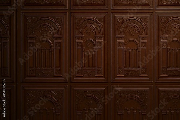 Fototapeta Classic Carved Wood Wall Panel Texture – Ornate Architectural Relief Background with Vintage Arched Motifs for Luxury Interiors, Historical Design, and Decorative Projects