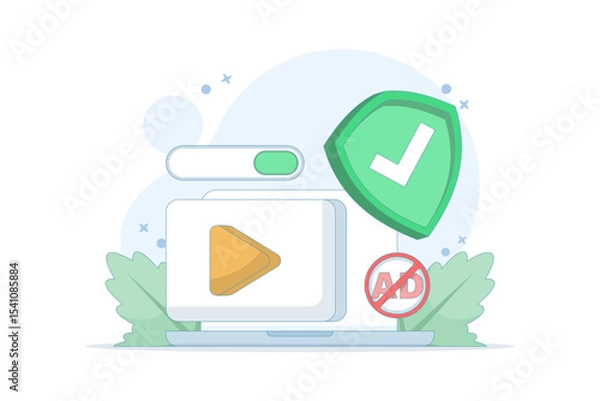 Obraz Concept of protection from harmful videos. Ad blocking, pop-up ad blocker. ad filtering tool. protective symbols and videos. anti-pop-up. safe viewing. flat design in the background.