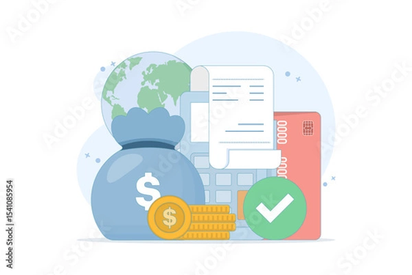 Obraz Money management, finance concept. Saving cash, personal finance management and savings. Card swipe machine with money. Illustration on isolated background.