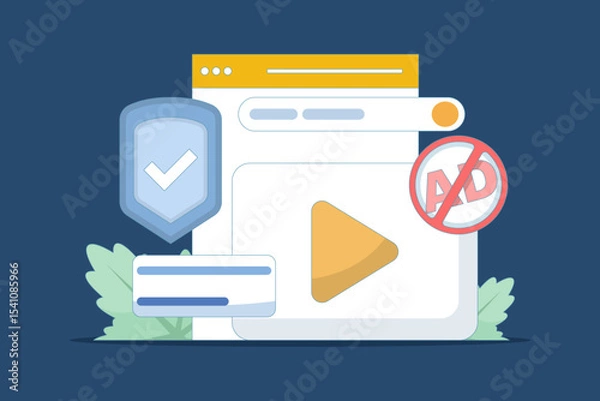 Obraz Concept of protection from harmful videos. Ad blocking, pop-up ad blocker. ad filtering tool. protective symbols and videos. anti-pop-up. safe viewing. flat design in the background.