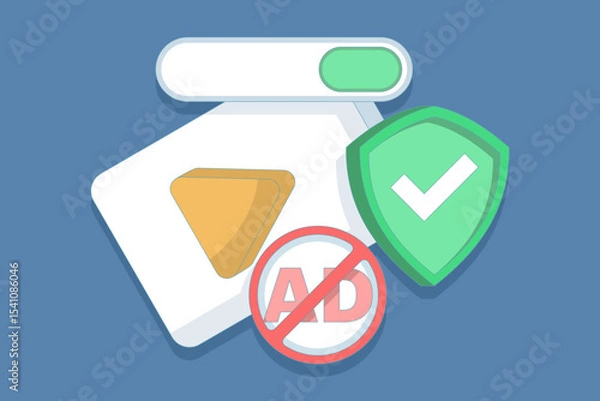 Obraz Concept of protection from harmful videos. Ad blocking, pop-up ad blocker. ad filtering tool. protective symbols and videos. anti-pop-up. safe viewing. flat design in the background.