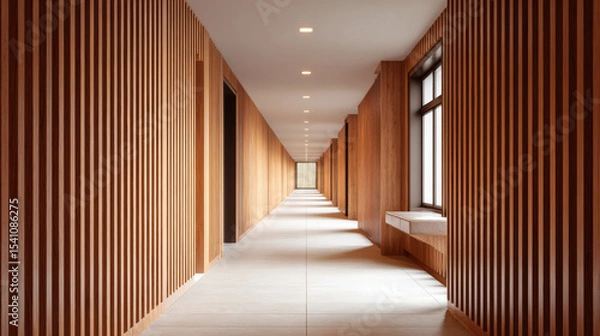 Fototapeta Narrow hallway with vertical wood slats and diffused natural light creates warm and inviting modern interior space with clean lines and symmetry