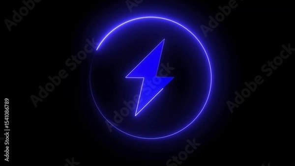 Fototapeta Neon illustration of blue lightning bolt within a glowing circle representing electricity power and energy on a dark background