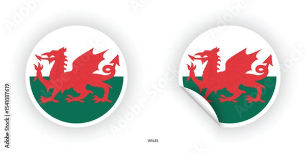 Fototapeta Wales flag sticker in a circular shape and a peeled circle shape on a white background. Circular icon of the Wales flag	