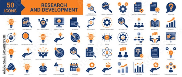 Obraz Research and Development icon collection set. Containing research, development, testing, new product, workflow, patent, concept, product development, innovation, idea, survey icon. Simple flat vector