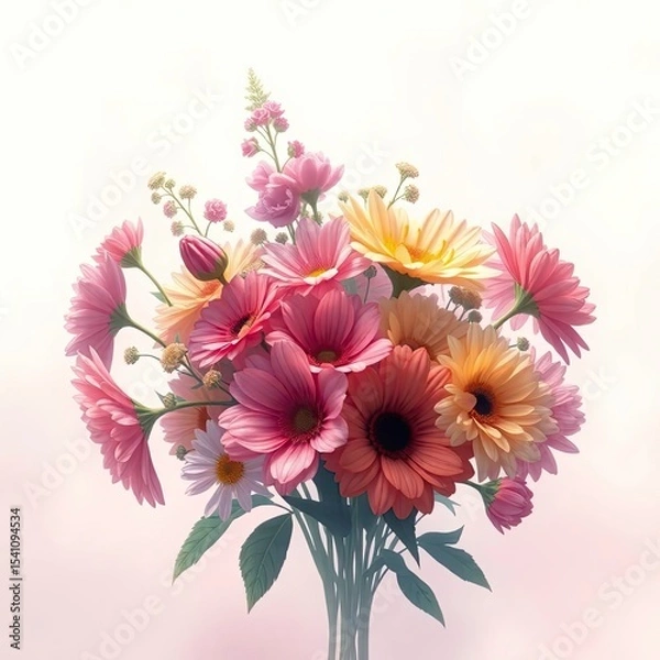Fototapeta An illustration featuring a bouquet of flowers rendered in a soft cinematic haze style, the composition divided into distinct sections with bold areas, soft focus and a hazy background