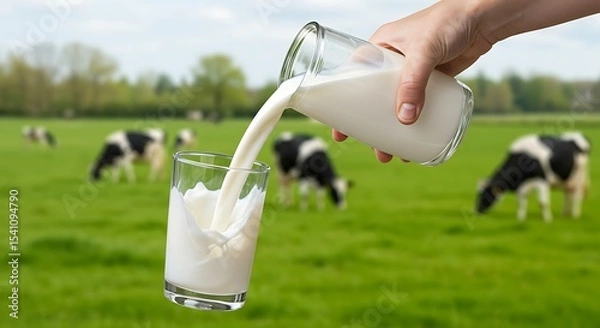 Fototapeta Fresh Milk Pouring into Glass from Jug in a Green Pasture with Cows