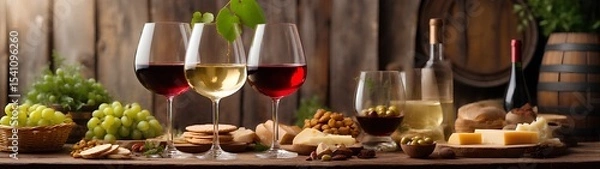 Fototapeta red wine in glasses with barrel and bottles on wood table with cheese and grapes | winery, wine tasting concept | panoramic banner