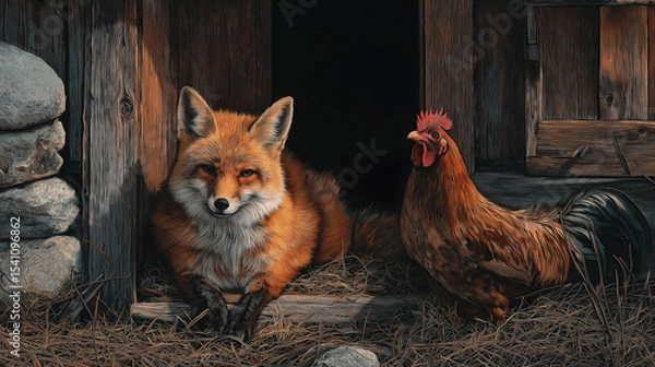 Fototapeta A red fox lounges inside a rustic wooden coop doorway beside a rooster - Generative AI