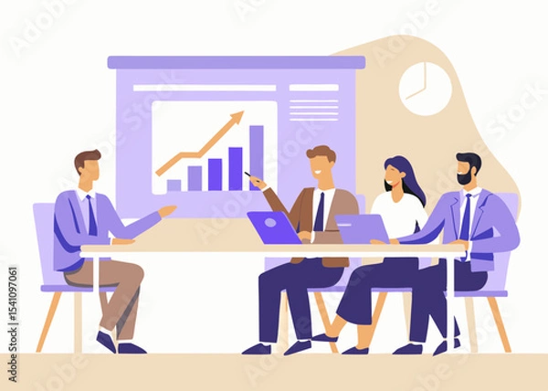 Fototapeta Business Meeting Illustration with Graph Presentation and Diverse Team Discussing Strategy and Growth in a Modern Office Setting Flat Vector