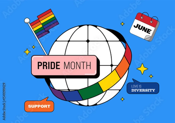 Fototapeta LGBTQ Pride month icon and diversity concept. Rainbow flag wrap around globe