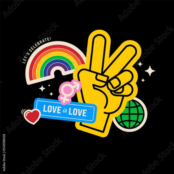 Fototapeta LGBTQ Pride month sticker set and diversity concept. Rainbow flag and hand gesture icon