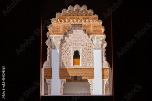 Fototapeta Scenic view of ornate architectural detail in Madrasa Ben Youssef mosque in the Old Town Medina area of Marrakech, west Morocco 