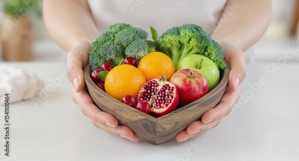 Fototapeta Person Holding Heart Shaped Bowl with Colorful Fruits and Vegetables Arrangement in Bright Kitchen Displaying Broccoli Oranges Cherries Apple and Pomegranate Symbolizing Nutrition Wellness and