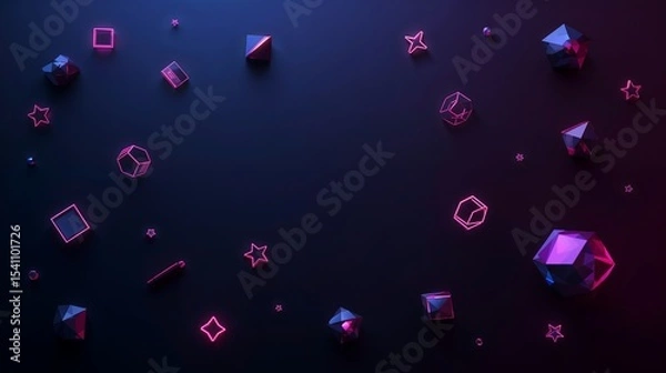 Obraz Abstract Dark Blue Background Neon Pink Geometric Shapes 3 D Render Scattered Cubes Stars image