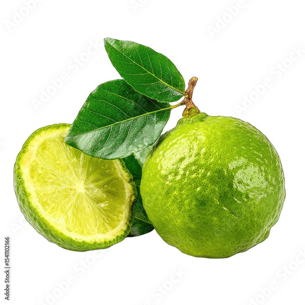 Fototapeta Two fresh limes, one halved, with leaves