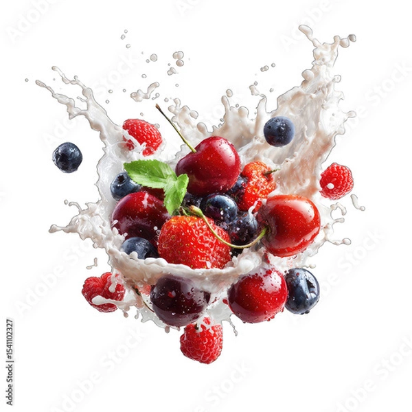 Fototapeta Fresh berries and cherries in a milk splash