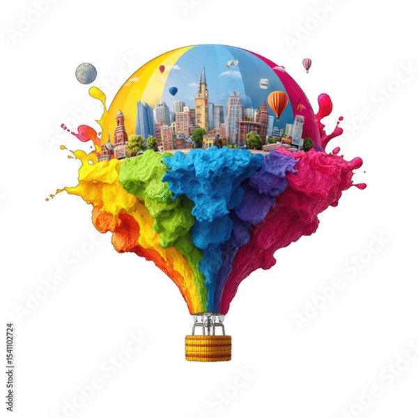 Fototapeta Colorful city within a hot air balloon-shaped lightbulb bursting with paint