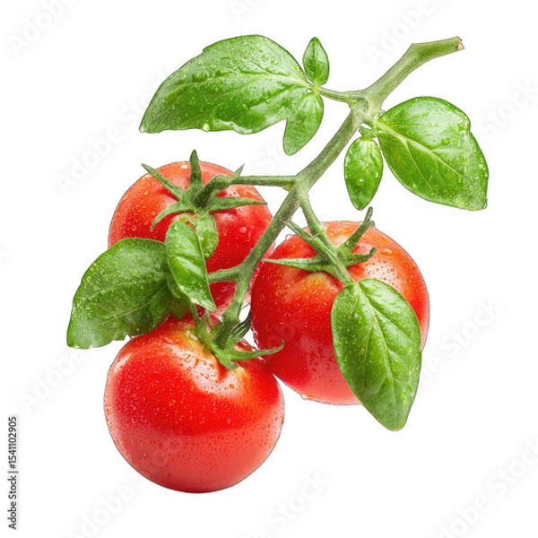 Fototapeta Fresh, ripe tomatoes on a branch with green leaves