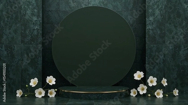 Obraz Dark Green Marble Background White Flowers Circular Platform Elegant Display image
