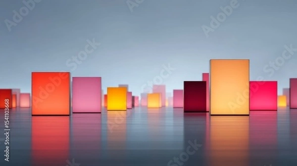 Fototapeta Colorful translucent cubes of various sizes are arranged on a reflective surface against a soft gradient background.