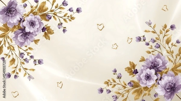 Obraz Elegant Lavender and Gold Floral Design on Cream Background Soft Pastel Hues Botanical Artwork
