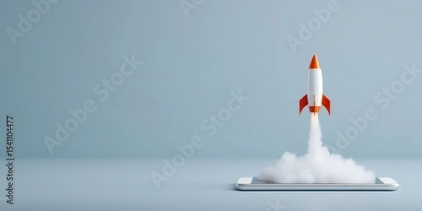 Fototapeta A small rocket is launching from a smartphone screen, symbolizing innovation and digital growth against a plain background.