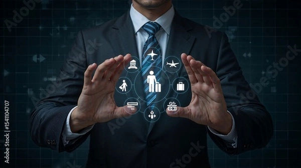 Obraz Man in Dark Suit Holding Holographic Travel Icons Digital Lucid Realism Image blue