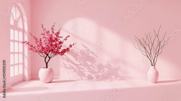 Obraz Pink Room Minimalist Scene Blooming Cherry Tree Branches Pastel Vase Sunlight Shadows image