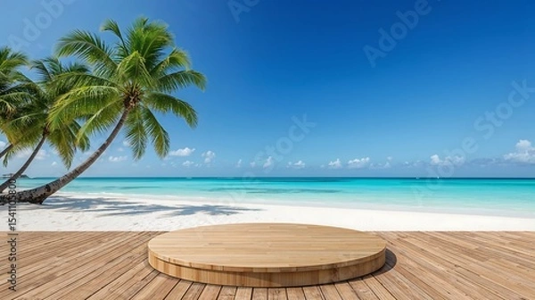 Obraz Tropical Beach Scene with Circular Wooden Platform Light Brown Sand Azure Ocean Palm Trees