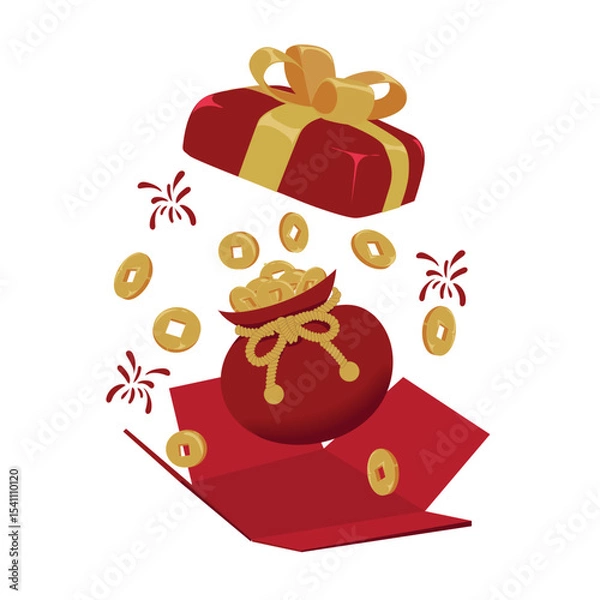 Fototapeta Red gift box bursting open with gold coin pouch and festive sparkles, symbolizing Chinese New Year fortune, wealth, and tradition. Perfect for seasonal or cultural celebration designs.