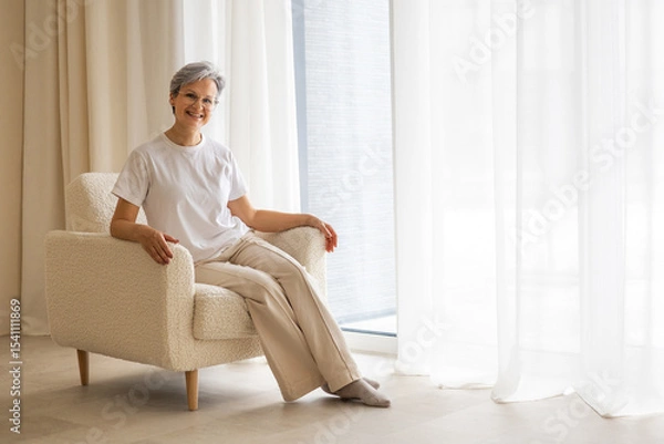 Fototapeta Happy senior woman relaxing in armchair by window in living room with minimalist white curtains
