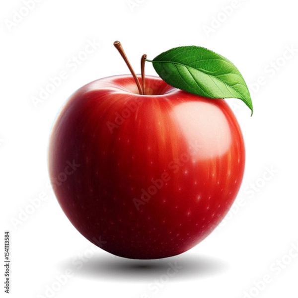 Fototapeta A red apple with a green leaf Ripe apple with leaf on white background