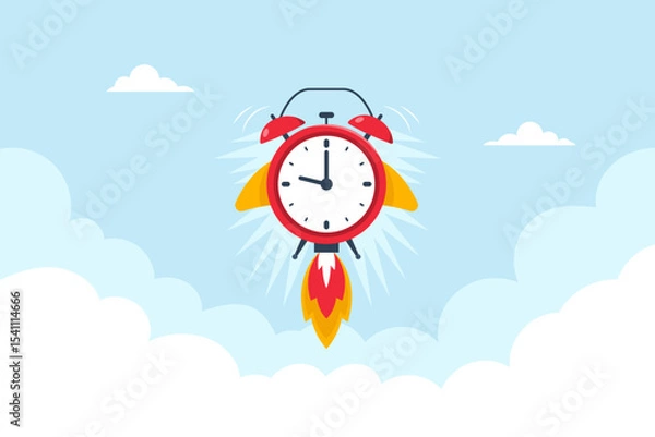 Fototapeta Flat illustration of red alarm clock launching like rocket into sky to represent urgency productivity and fast business startup