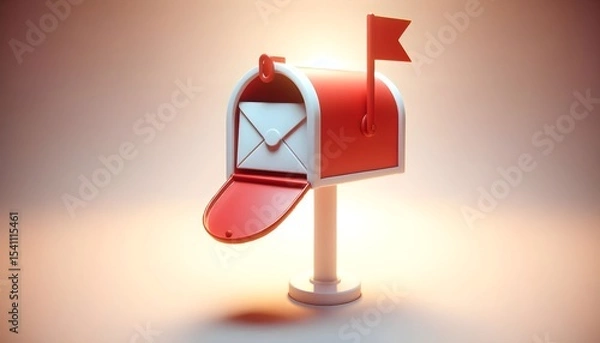 Fototapeta Classic red-flag mailbox with envelope under daylight in 3D cheerful communication icon style