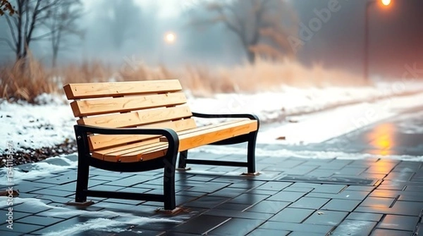 Fototapeta A wooden park bench sits on a wet, tiled path amidst a snowy, foggy winter landscape with warm streetlights illuminating the background.