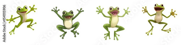 Fototapeta Set of playful cartoon frog jumping in the air with dynamic pose, isolated on transparent background.