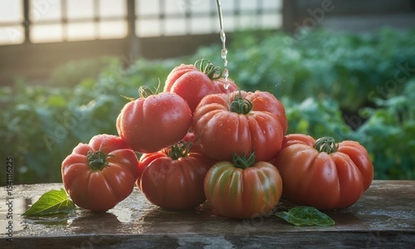 Fototapeta Heap Of Ripe Red Tomatoes Splashed With Water Showcasing Fresh Organic Produce Against Lush Greenery On Weathered Wood Surface With Natural Sunlight Evoking Healthy Eating And Garden Freshness