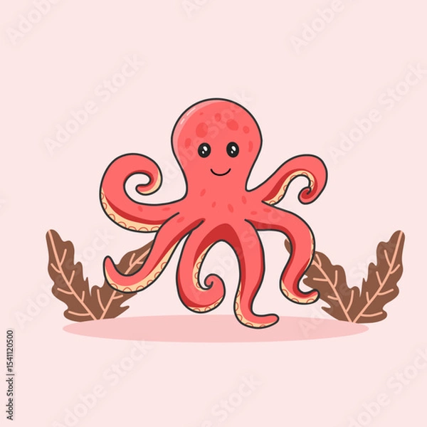 Obraz Cute animal octopus hand drawn cartoon vector icon with plants isolated backaground