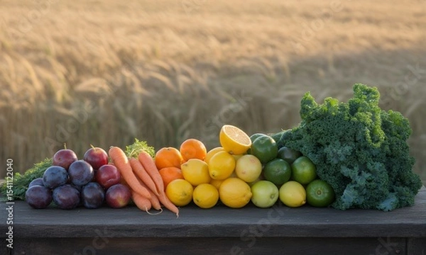 Fototapeta Rainbow Gradient of Fresh Produce Displayed on Wooden Table Against Grain Field Background Featuring Plums Carrots Oranges Lemons Limes Avocados and Kale Emphasizing Healthy Eating and Natural Living
