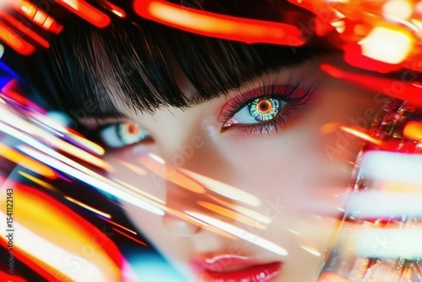 Obraz カラフルな光を反射する瞳で見つめる女性