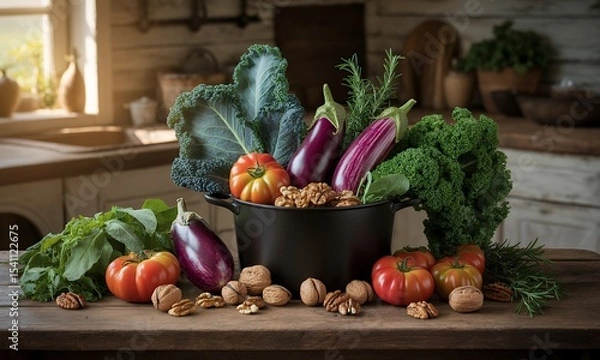 Fototapeta Rustic Kitchen Still Life with Fresh Vegetables and Nuts a Display of Tomatoes Eggplants Leafy Greens and Walnuts in a Black Pot on a Wooden Table in Warm Natural Lighting for Promoting Farm to Table
