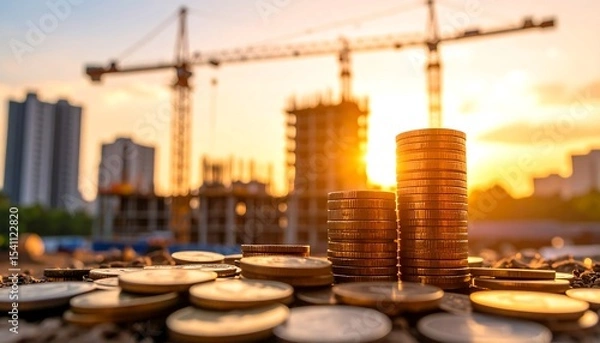 Obraz Coins with construction site at sunset.