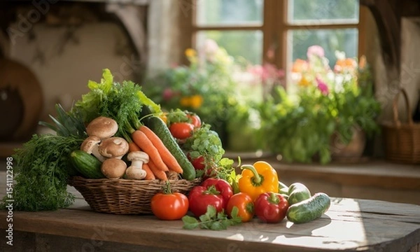 Fototapeta Rustic Vegetable Basket with Natural Light and Garden View Featuring Tomatoes, Carrots, and Leafy Greens Displayed on Wood Table with Soft Background, Captured in Warm Lighting Perfect for Health and