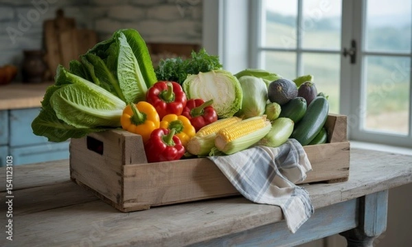 Fototapeta Rustic Wooden Crate Overflowing with Colorful Fresh Vegetables Displayed on a Weathered Wooden Table in a Bright Kitchen with Natural Light near Window Showcasing Lush Green Fields Offering Health