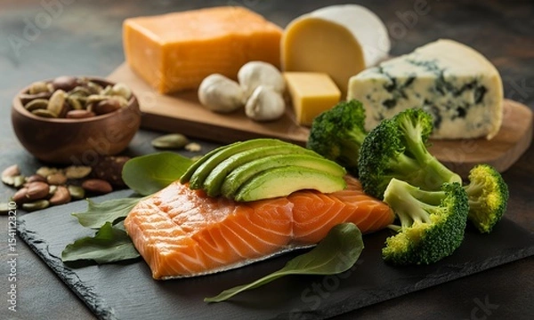 Fototapeta Salmon and Avocado with Assorted Cheeses and Mixed Nuts Still Life on Slate Board Presentation with Wooden Board Background Featuring Rich Colors Perfect for Wellness and Diet Focused Media 200+